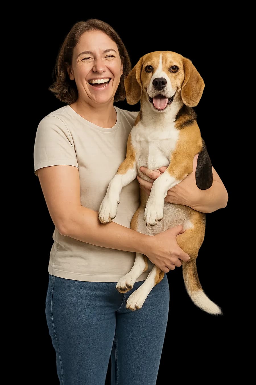 A woman laughing as she holds her beagle in both arms