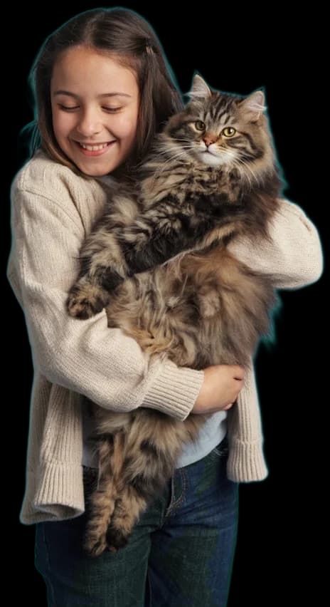 A child holding a long-haired cat