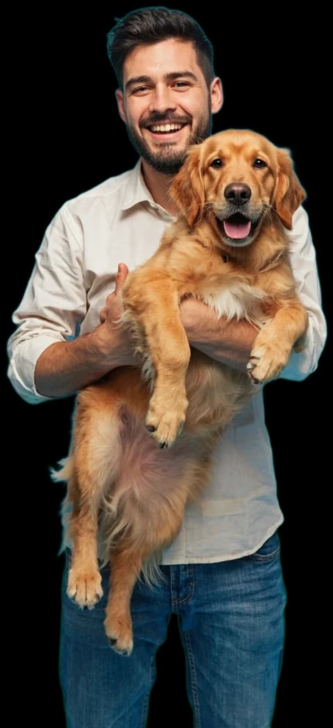 A person holding a golden retriever