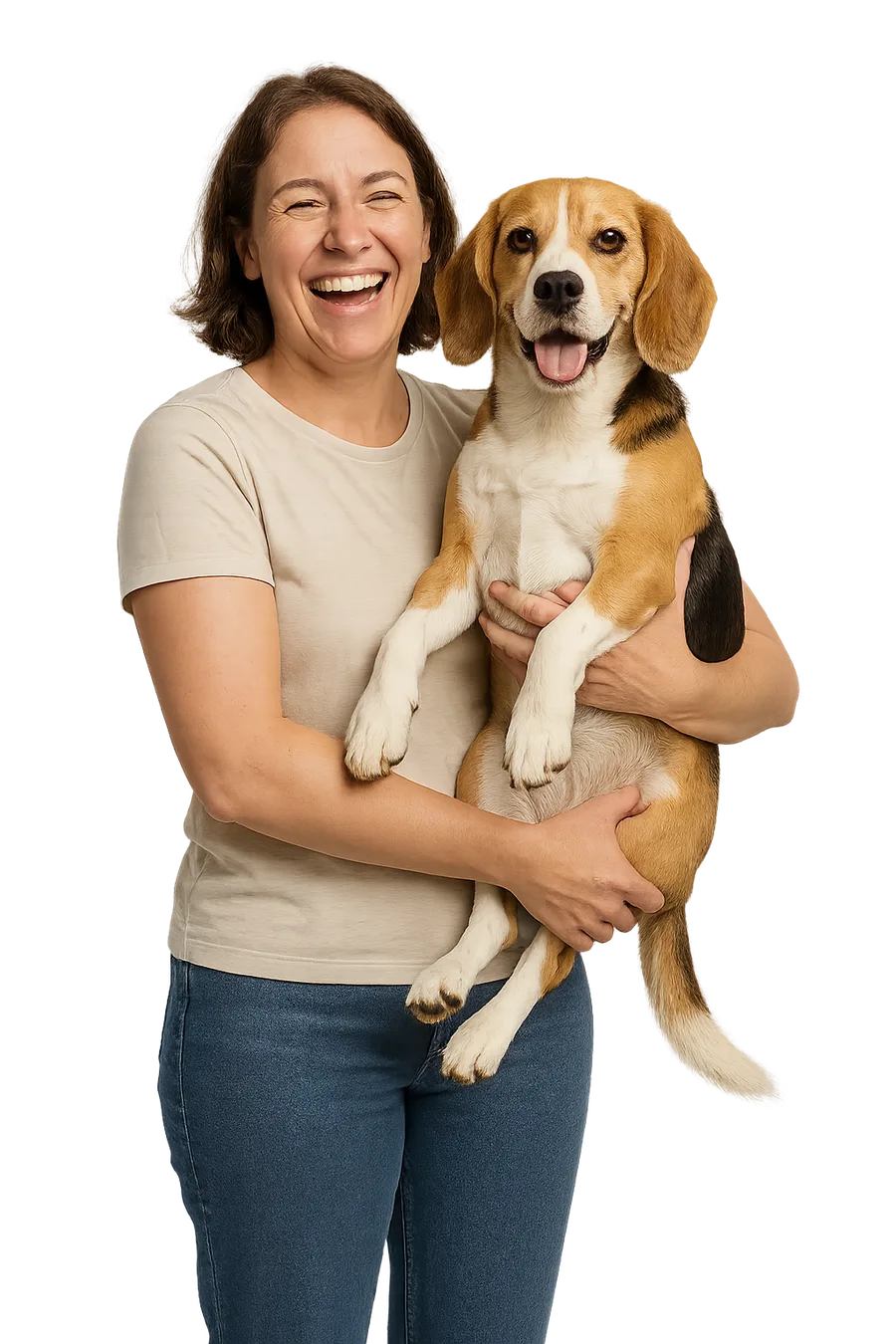 A woman laughing as she holds her beagle in both arms