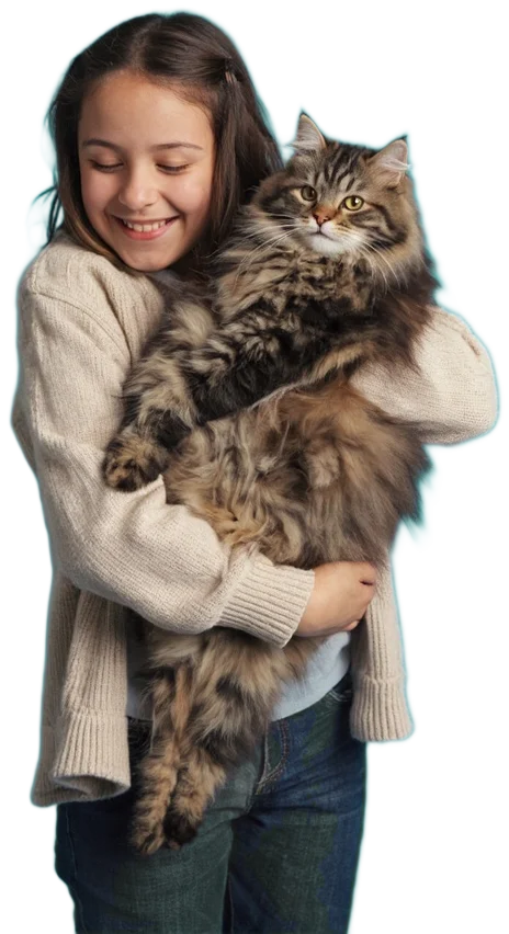A child holding a long-haired cat
