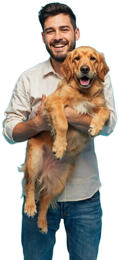 A person holding a golden retriever